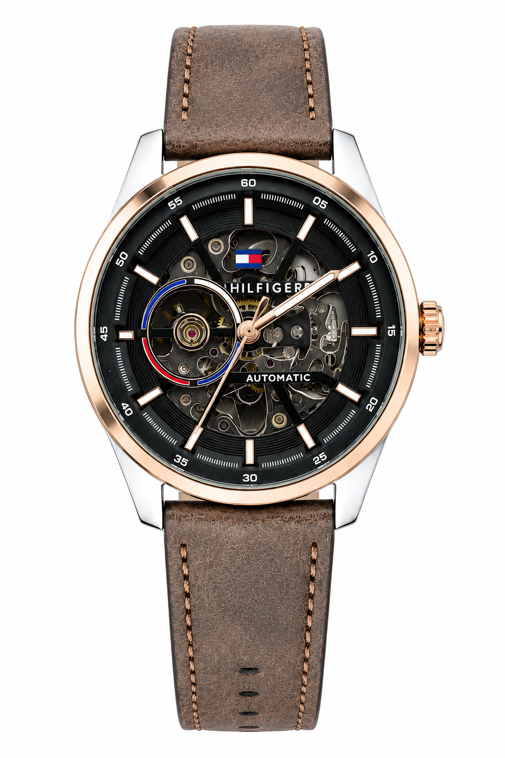 Tommy Hilfiger Automatic Leather Brown Strap Silver Rosegold Case With Black Dial