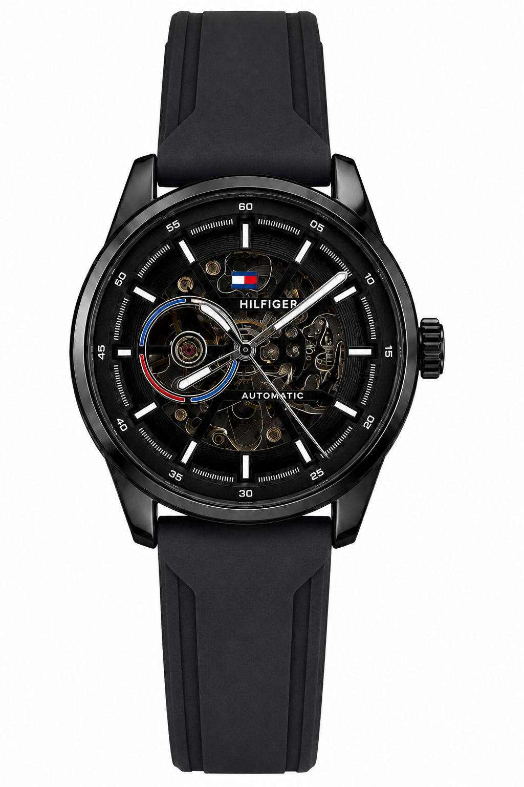 Tommy Hilfiger Automatic Silicone Black Strap Black Case With Black Dial