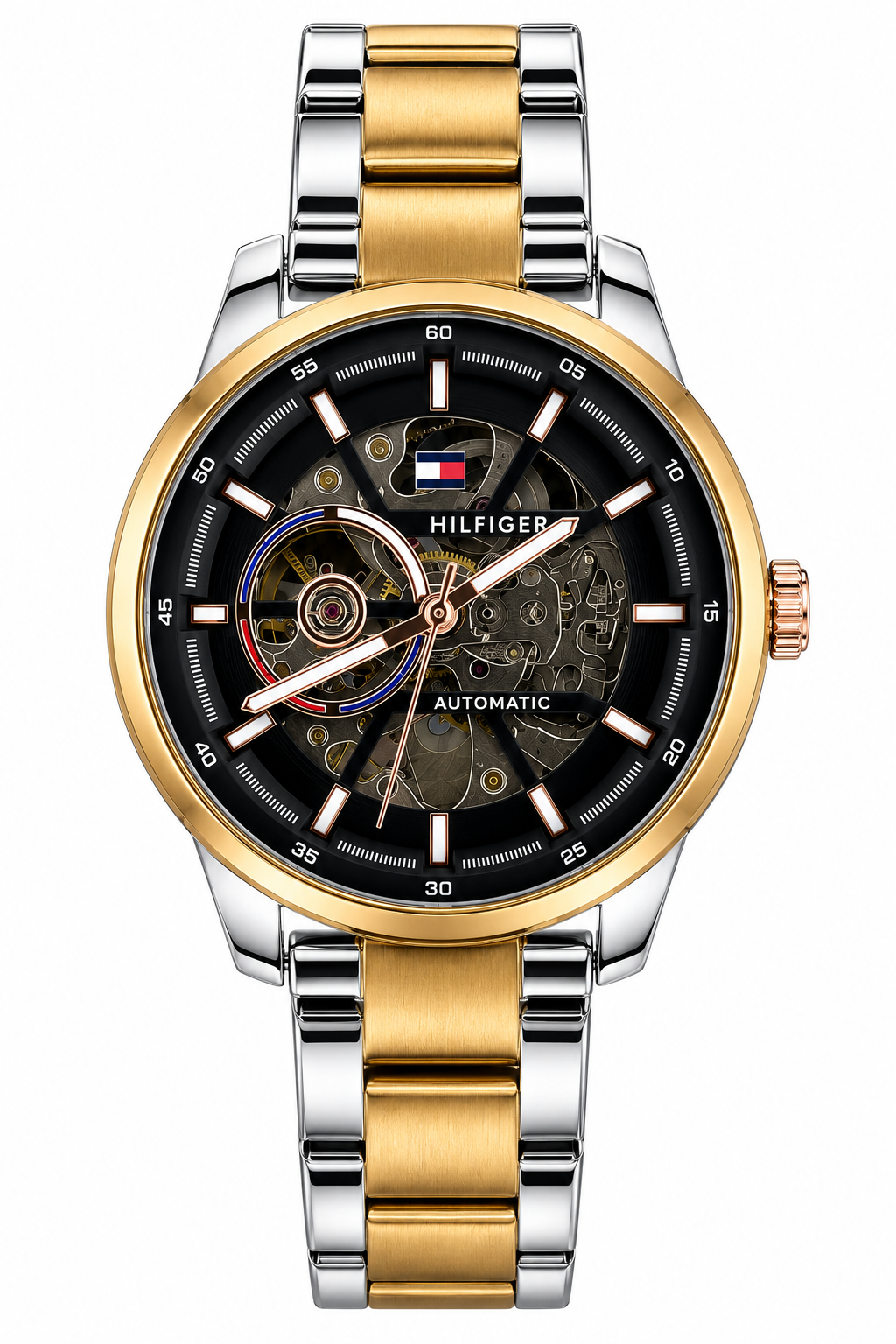 Tommy Hilfiger Automatic Silver Rose Gold Chain With Black Dial