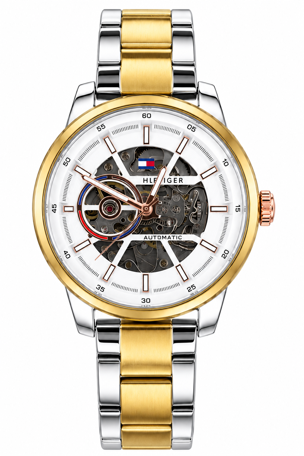 Tommy Hilfiger Automatic Silver Rose Gold Chain With White Dial